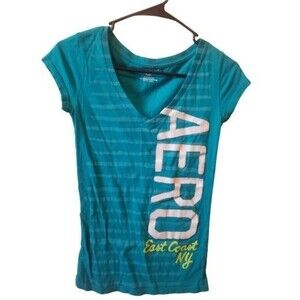 Aeropostale Blue Yellow White Striped V neck T Shirt sz S